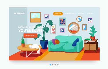Interior of the living room with plants. Living room site banner. Landing page template. 