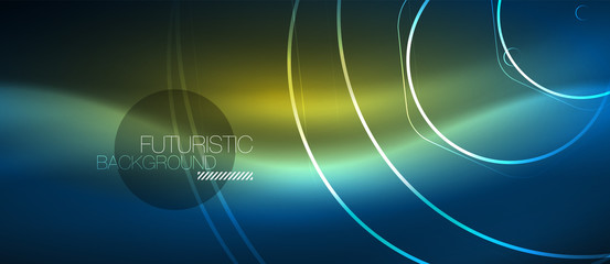 Neon glowing lines, magic energy space blue light concept, abstract background wallpaper design