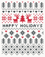 Vector Scandinavian style Happy Holidays card in red, cream and charcoal with reindeer, trees, snowflakes and hearts. Portrait format pixel design with text greeting for cards, posters and flyers. - 238467573