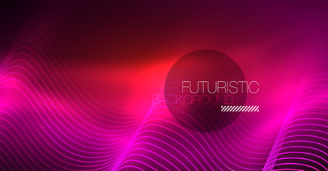 Abstract shiny glowinng color wave design element on dark background - science or technology concept