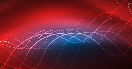 Obraz premium Glowing abstract wave on dark, shiny motion, Christmas and New Year magic space light. Techno abstract background