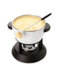 Pot of delicious cheese fondue and fork with bread on white background