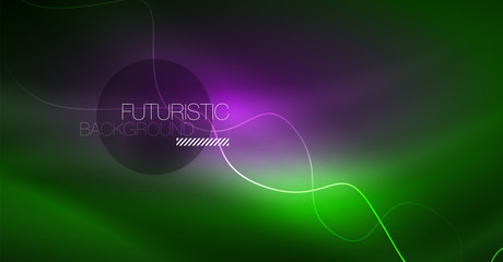 Abstract shiny glowinng color wave design element on dark background - science or technology concept