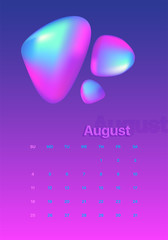 Abstract minimal calendar design for 2019. Colorful set. August