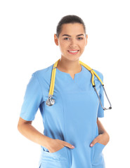Portrait of young medical assistant with stethoscope on white background