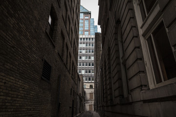 Dead end street at the bottom of skyscrapers in downtown Toronto, ontario, Canada, in the CBD....
