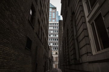 Dead end street at the bottom of skyscrapers in downtown Toronto, ontario, Canada, in the CBD. Toronto is a major north American economy hub.