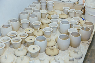 Pottery workshop. Drying unbaked pottery after molding 