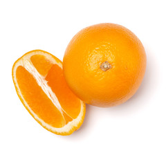 Orange fruit slice  isolated on white background closeup. Food background. Flat lay, top view.