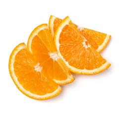Orange fruit slice  isolated on white background closeup. Food background. Flat lay, top view.