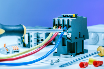 Installation of voltage switchboard with circuit breakers. Electrical background
