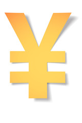 yellow-gold yen mark carved from paper with soft shadow.Vector origami