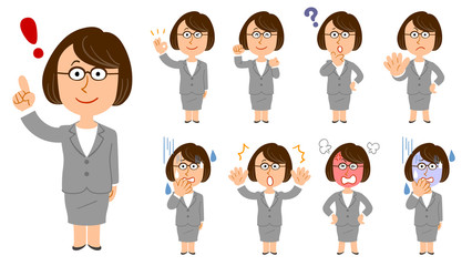 スーツを着た女性 9種類のポーズと表情のセット 眼鏡