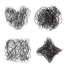 Tangled shapes on white. Chaos pattern. Scribble sketch. Background with array of lines. Intricate chaotic texture. Art creation. Black and white illustration. Doodles for poster and flyer