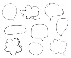 Set of hand drawn think and talk speech bubbles. Abstract symbols on white. Pattern of loot for words. Line art. Collection of different signs. Black and white illustration