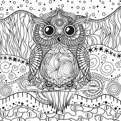 Fototapeta premium Abstract eastern pattern with owl on isolated white. Zentangle. Hand drawn abstract patterns on isolation background. Design for spiritual relaxation for adults. Black and white illustration