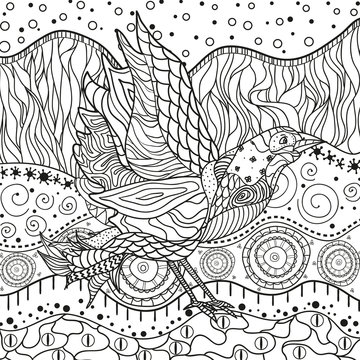 Abstract eastern pattern with bird on isolated white. Zentangle. Hand drawn abstract patterns on isolation background. Design for spiritual relaxation for adults. Black and white illustration