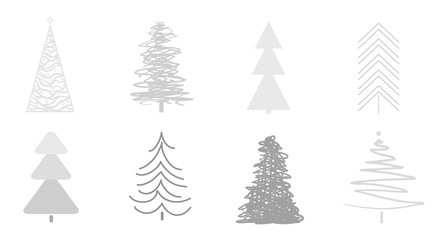Christmas trees on white. Set for icons on isolated background. Geometric art. Objects for polygraphy, posters, t-shirts and textiles. Black and white illustration