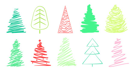 Colorful christmas trees on white. Set for design on isolated background. Geometric art. Objects for polygraphy, posters, t-shirts and textiles. Colored illustration