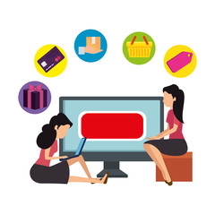 group of women with desktop and set icons