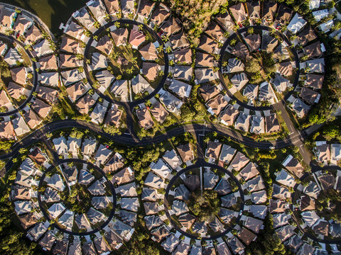 Aerial view of houses in circular pattern