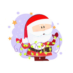 Cartoon Santa Claus preparing Christmas party and holding garland. Christmas decoration concept. Vector illustration can be used for banner design, festive posters, greeting cards, party invitations