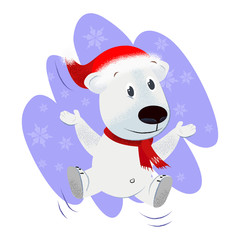 Cheerful dog in red scarf and Santa hat dancing, jumping and having fun. Christmas concept. Vector illustration can be used for banner design, greeting cards, party invitations