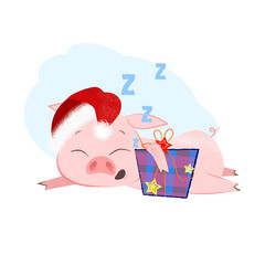 Cute Christmas piggy hugging present box and sleeping. Christmas eve night concept. Vector illustration can be used for banner design, festive posters, greeting cards