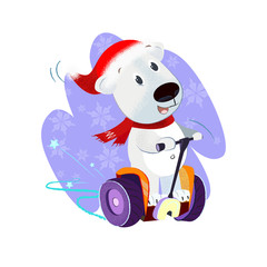 Happy Christmas dog riding gyroscooter. Christmas vacation concept. Vector illustration can be used for banner design, festive posters, greeting cards