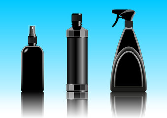 black plastic container, packaging for cosmetic, chemical, liquid products, a set of different shapes