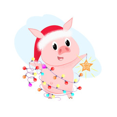 Obraz na płótnie Canvas Happy piglet with string of lights celebrating Christmas. Holiday and decorating concept. Vector illustration can be used for festive posters, greeting cards, party invitations