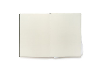 Vintage blank open notebook isolated on white background.