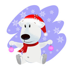 Joyful cartoon dog in Santa hat holding Christmas baubles. Celebrating concept. Vector illustration can be used for festive posters, greeting cards, party invitations