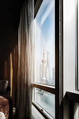 Shanghai lujiazui Oriental pearl tower outside the window