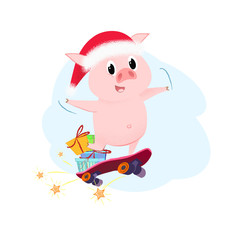 Joyful cartoon pig skateboarding with gifts. Christmas presents concept. Vector illustration can be used for festive posters, greeting cards, flyers