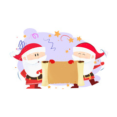 Two Santa Clauses showing scroll with copy space. Christmas presentation concept. Vector illustration can be used for banner design, festive posters, greeting cards, party invitations