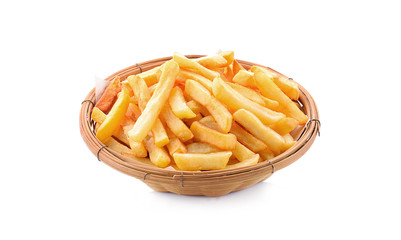 Fries fry in a basket isolated on white background.