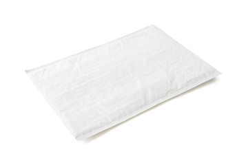 White postal package. Plastic parcel object background for online shopping advertising. Isolated on white background with clipping path.