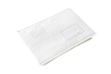 White postal package with area for write address. Plastic parcel object background for online shopping advertising. Isolated on white background with clipping path.