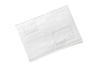 White postal package with area for write address. Plastic parcel object background for online shopping advertising. Isolated on white background with clipping path.