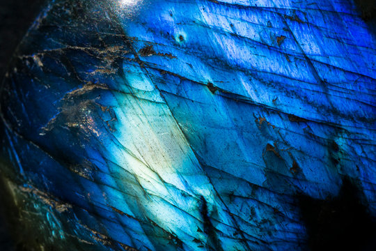 Macro photo of a cobalt blue crystal moonstone labradorite stone.