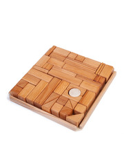 Photo wooden constructor of small cubes, triangles, balls and other forms of beech on a white isolated background
