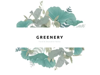 Behangcirkel Greenery bouquet wreath template, lotus leaves and tropical green leaves in oval shape with white frame, pastel theme © momosama