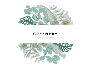 Fotobehang Greenery bouquet wreath template, tropical green leaves in circle shape with white frame, pastel theme © momosama