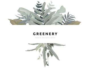 Meubelstickers Greenery bouquet wreath template, tropical green leaves with white frame, pastel theme © momosama