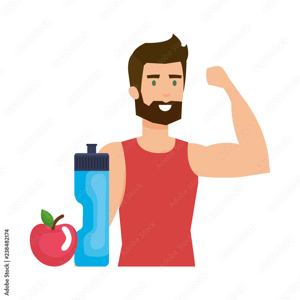 Poster athletic man with apple and water bottle