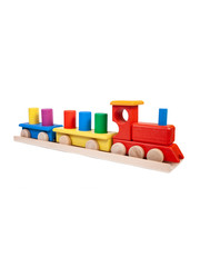 Photo of a wooden multi-colored train with cars on a white isolated background for the baby.