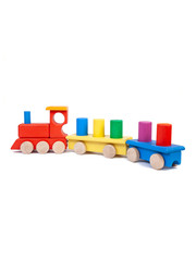 Photo of a wooden multi-colored train with cars on a white isolated background for the baby.