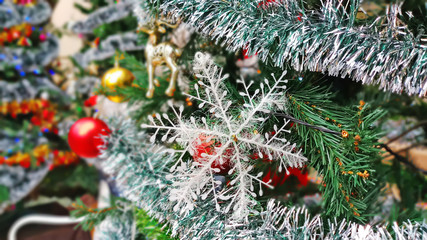 Close up Christmas tree decorations and New Year background, Winter holiday decoration, selective focus