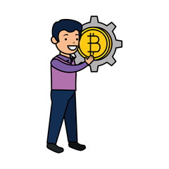 businessman lifting bitcoin icon